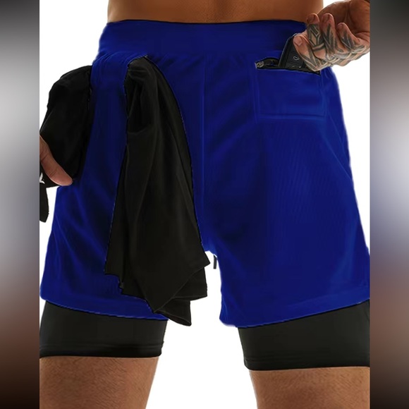 Men gray camo double layer gym workout shorts with inner pocket - Picture 12 of 16